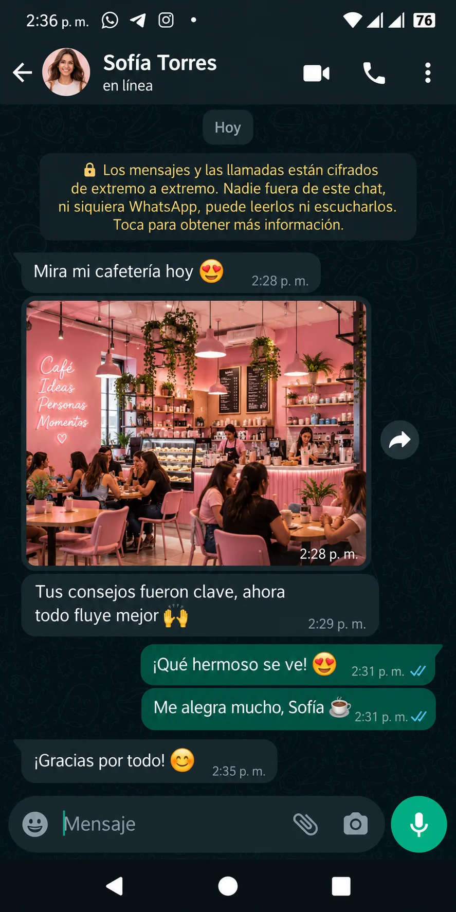 Mensaje de WhatsApp de Sofía Torres contando cómo le fue con su cafetería