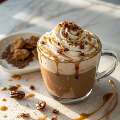Café con crema, caramelo y galletas de nuez