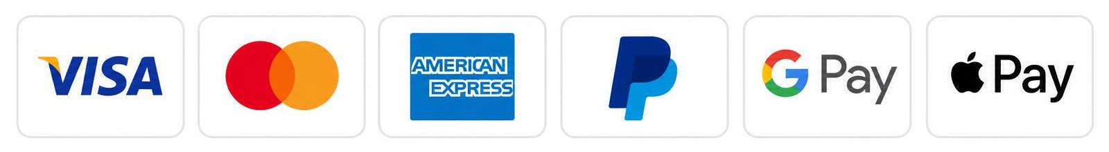 Métodos de pago aceptados: Visa, Mastercard, American Express, PayPal, Google Pay y Apple Pay